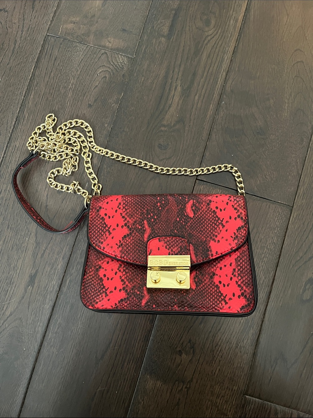 BCBG Red Snake-Print Crossbody with Gold Chain